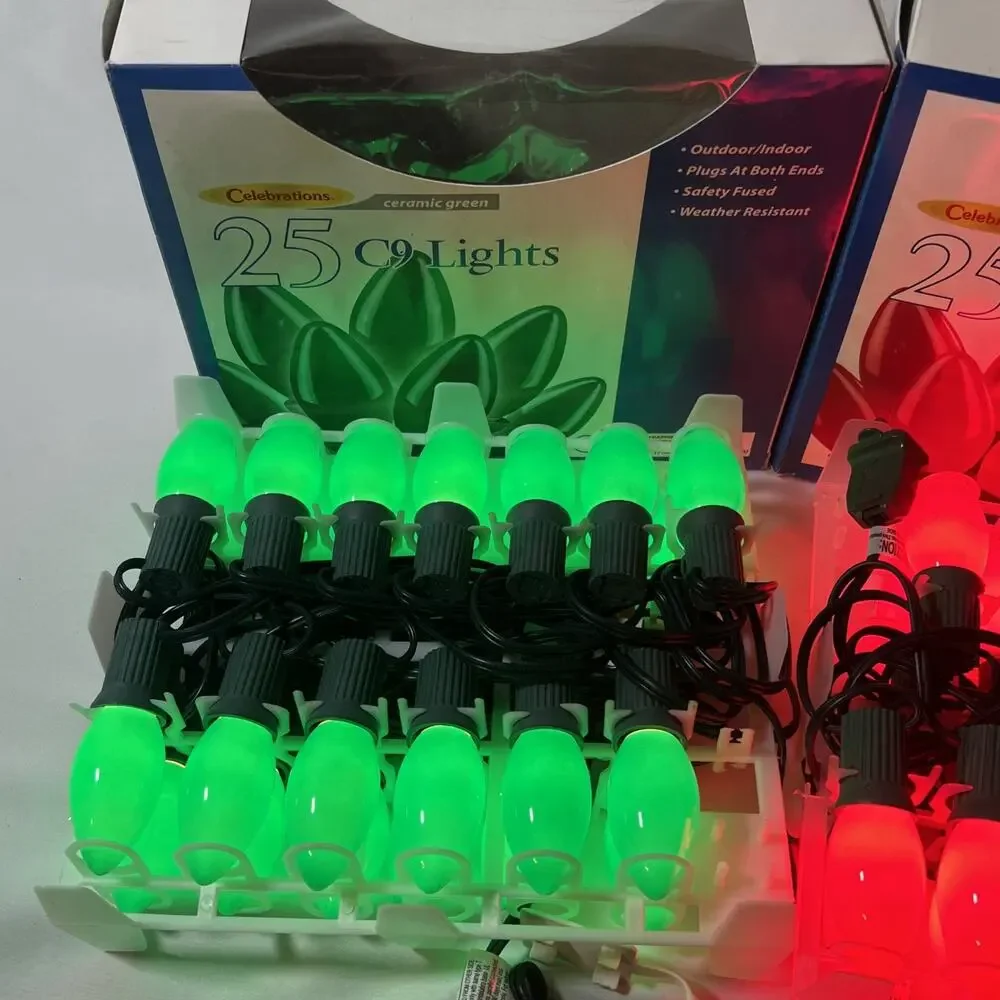 Vintage NEW C9 String Lights Green & Red Incandescent Ceramic Bulbs Ace Hardware